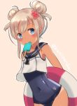  alternate_hairstyle bangs blonde_hair blue_eyes blush commentary_request crop_top double_bun eating eyebrows_visible_through_hair flower food hair_between_eyes hair_flower hair_ornament highres kanipanda kantai_collection lifebuoy looking_at_viewer mouth_hold one-piece_swimsuit one-piece_tan popsicle ro-500_(kantai_collection) sailor_collar school_swimsuit simple_background solo swimsuit swimsuit_under_clothes tan tanline white_background 