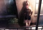  against_wall black_shorts black_sweater brown_eyes brown_hair hair_between_eyes hands_in_pockets k-me looking_at_viewer night original outdoors rain road short_hair short_shorts shorts solo standing street sweater 