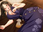  1girl amamiya_(abaros) bare_arms bed black_hair blush bracelet breasts cleavage dress earrings from_above green_eyes highres huge_breasts idolmaster idolmaster_cinderella_girls indoors jewelry legs legs_together long_hair looking_at_viewer lying masao mukai_takumi on_bed on_side open_mouth pillow purple_dress saberfish shiny shiny_skin sleeveless solo thighs 