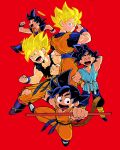  :d ^_^ age_progression annoyed arm_up bitz777 black_eyes black_hair blonde_hair blue_eyes boots clenched_hand clenched_hands closed_eyes dirty dirty_clothes dougi dragon_ball dragon_ball_(classic) dragon_ball_z fingernails full_body halo hand_on_hip happy jumping looking_away looking_back male_focus multiple_boys multiple_persona nyoibo open_mouth profile red_background running short_hair simple_background smile son_gokuu spiked_hair standing super_saiyan sweatdrop tail teeth torn_clothes wristband 