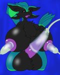  2018 altharch anthro areola avali balls big_areola big_balls big_breasts big_nipples black_sclera breast_milking breasts chronocelebi cum digital_media_(artwork) erection feathers fur hair hi_res huge_balls huge_breasts hyper hyper_balls hyper_penis intersex kneeling lactating milk nipples nude open_mouth penis penis_milking ralena simple_background smile solo tapering_penis 