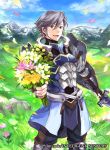  arm_guards armor azur_(fire_emblem) belt black_pants blue_armor blue_coat blue_footwear boots bouquet cloud coat collarbone commentary_request copyright_name cowboy_shot day determined earrings fire_emblem fire_emblem:_kakusei fire_emblem_cipher flower grass grey_eyes grey_hair holding holding_sword holding_weapon jewelry knee_boots knee_pads lips looking_at_viewer male_focus mountain official_art open_mouth pants petals sheath shirt smile solo standing stud_earrings sunlight sword undershirt vambraces wada_sachiko weapon white_shirt 
