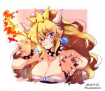  bare_shoulders black_dress blonde_hair blue_eyes blush bowsette bracelet breathing_fire claw_pose collar collarbone commentary_request crown dated dress eyebrows_visible_through_hair fingernails fire grin hair_between_eyes highres horns jewelry mario_(series) nail_polish namatyoco new_super_mario_bros._u_deluxe pointy_ears ponytail sharp_fingernails shell smile solo spiked_bracelet spiked_collar spikes strapless strapless_dress super_crown thick_eyebrows twitter_username upper_body 