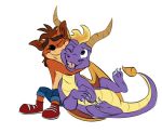  2018 all_fours anthro bandicoot black_nose canine claws clothing cotatoo crash_bandicoot crash_bandicoot_(series) cute digital_media_(artwork) dragon duo eyes_closed feral footwear fur horn hug male mammal marsupial open_mouth purple_eyes purple_skin scalie shoes simple_background smile spyro spyro_the_dragon teeth toe_claws video_games western_dragon white_background wings 