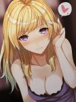  adjusting_hair bangs bare_arms bare_shoulders blonde_hair blurry blurry_background blush breasts cleavage closed_mouth collarbone downblouse dress eyebrows_visible_through_hair fumei_(mugendai) hand_up heart leaning_forward long_hair looking_at_viewer maribel_hearn medium_breasts nose_blush purple_dress purple_eyes shiny shiny_hair sleeveless sleeveless_dress smile solo speech_bubble spoken_heart swept_bangs touhou upper_body 