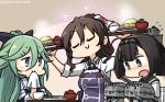  :3 ahoge akizuki_(kantai_collection) apron aqua_eyes ashigara_(kantai_collection) bangs bare_shoulders blush bowl brown_hair carrying chou-10cm-hou-chan closed_eyes closed_mouth commentary_request dated detached_sleeves embarrassed flying_sweatdrops food green_hair hair_between_eyes hair_ribbon hairband hamu_koutarou highres kantai_collection long_hair multiple_girls napkin open_mouth plate ponytail purple_apron ribbon rice school_uniform serafuku short_hair sleeves_rolled_up smile sparkle translation_request tray very_long_hair yamakaze_(kantai_collection) 