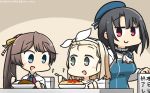  3girls :d adapted_costume apron beret black_hair blonde_hair blue_apron blue_eyes blue_hat blush brown_eyes brown_hair collarbone commentary_request curry dated food hairband hamu_koutarou hat highres holding holding_spoon i-504_(kantai_collection) kantai_collection kazagumo_(kantai_collection) long_hair luigi_torelli_(kantai_collection) multiple_girls open_mouth pasta ponytail red_eyes short_hair smile spoon takao_(kantai_collection) translation_request white_hairband 