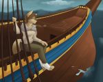  4_toes 5_fingers anthro barefoot biped breasts breathing canine casparr cloud digitigrade female hair humanoid_hands katja_(baldrek) long_hair mammal sailboat sailing sea ship sitting toes vehicle water wave wind wolf 