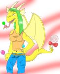  anthro blue_bottomwear bow candy clothing digital_media_(artwork) dragon female fist food frill green_hair hair hand_on_hip horn lollipop long_tongue looking_at_viewer membranous_wings midriff nipple_bulge orange_topwear pants portrait prehensile_tail ribbons scalie shirt slit_pupils solo tank_top three-quarter_portrait tongue tongue_out translucent transparent_clothing wings yellow_horn yellow_skin zp92 