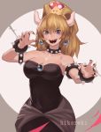  artist_name bare_shoulders black_dress blonde_hair blue_eyes bowsette bracelet breasts cleavage collar collarbone commentary cowboy_shot crown dress earrings english_commentary eyebrows_visible_through_hair fingernails hair_between_eyes highres hikareki horns jewelry long_fingernails looking_at_viewer mario_(series) nail_polish new_super_mario_bros._u_deluxe open_mouth ponytail sharp_fingernails sharp_teeth smile solo spiked_armlet spiked_bracelet spiked_collar spikes strapless strapless_dress super_crown teeth thick_eyebrows 