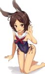  :d animal_ears azur_lane bangs bare_arms bare_legs bare_shoulders barefoot blue_swimsuit blush breasts brown_hair bunny_ears collarbone commentary_request dark_skin eyebrows_visible_through_hair fingernails hand_up highres i-26_(azur_lane) kneeling kohakope looking_at_viewer medium_breasts neckerchief open_mouth parted_bangs red_eyes red_neckwear sailor_collar shadow smile soles solo strapless strapless_swimsuit swimsuit white_background white_sailor_collar 