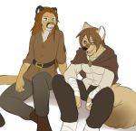  belt canine cape clothed clothing cougar digitigrade duo dusty_(baldrek) facial_markings feline female fully_clothed hair humanoid_hands jailbird katja_(baldrek) long_hair mammal markings open_mouth simple_background sitting teeth tongue white_background wolf 