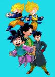  :d age_progression alternate_hairstyle aqua_background aqua_eyes bitz777 black_eyes black_hair character_name chinese_clothes clothes_writing coat dragon_ball dragon_ball_xenoverse dragon_ball_z flying full_body gloves hand_on_hip happy long_sleeves looking_at_viewer looking_away male_focus multiple_boys multiple_persona open_mouth outstretched_arms profile red_gloves short_hair simple_background smile son_goten spiked_hair spread_legs standing super_saiyan 