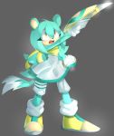  anthro clothed clothing fan_character female fully_clothed fur green_fur hair herpestid katar long_hair looking_up mammal masked-bixch melee_weapon mongoose scarf solo sonic_(series) tavi_the_mongoose weapon 