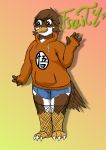  2018 anthro avian beak bird clothed clothing digital_media_(artwork) eyewear feathers fishnet frooby fruity_(frooby) glasses hair hoodie humanoid legwear male shorts simple_background solo stockings thick_thighs 