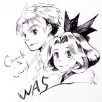  1girl carol_anderson chuck_preston hair_ribbon highres looking_at_viewer medium_hair monochrome ribbon short_hair sketch smile wild_arms wild_arms_5 yokomosu 