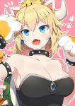  :o animal_ears arm_up armlet armpits bangs bare_shoulders blonde_hair blue_eyes blush bowsette breasts cat_ears cat_tail claws cleavage collar collarbone colored_eyelashes commentary crown earrings eyebrows_visible_through_hair fangs gem gloves hair_between_eyes hand_up highres horns jewelry long_hair mario_(series) medium_breasts meowser new_super_mario_bros._u_deluxe open_mouth otousan952 paw_background paw_gloves paws pink_background ponytail shiny shiny_hair spiked_armlet spiked_collar spiked_shell spikes strapless super_crown super_mario_3d_world tail thick_eyebrows turtle_shell upper_body 