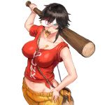  baseball_bat blue_eyes blush breasts collarbone cosplay covered_nipples food_in_mouth groin jar large_breasts looking_at_viewer looking_up midriff minori_yumeko minori_yumeko_(character) multicolored_hair navel one_eye_covered red_hair short_hair shu-mai simple_background smile solo virtual_youtuber white_background 