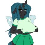  2018 animated anthro big_breasts bouncing_breasts breasts changeling cheerleader clothed clothing erect_nipples fangs female friendship_is_magic green_eyes hair half-closed_eyes holding_breast horn looking_at_viewer low_res midriff my_little_pony navel nipple_bulge nipples queen_chrysalis_(mlp) simple_background skirt solo tolsticot white_background wings 