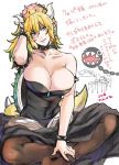  armlet ball_and_chain bare_shoulders black_dress blonde_hair blue_eyes bowsette bracelet breasts chain_chomp cleavage collar crown doodle dress earrings hiyoshi_hana horns jewelry large_breasts mario_(series) new_super_mario_bros._u_deluxe pantyhose pointy_ears ponytail sharp_teeth spiked_bracelet spiked_collar spiked_shell spiked_tail spikes strapless strapless_dress super_crown super_mario_bros. tail teeth turtle_shell 