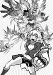  akatsuki asymmetrical_legwear belt breasts brown_jacket buckle cleavage commentary ember_celica_(rwby) fingerless_gloves fire gloves greyscale gundam gundam_build_fighters gundam_build_fighters_try highres jacket kneehighs large_breasts long_hair mecha midriff monochrome over-kneehighs puffy_short_sleeves puffy_sleeves rwby scarf shirt short_sleeves shorts strapless thighhighs try_burning_gundam tubetop waist_cape wavy_hair yang_xiao_long 