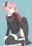  backpack bag bangs black_bow black_legwear black_shirt blue_background blue_shorts blush bow breasts closed_mouth clothes_writing collarbone english eyebrows_visible_through_hair full_body gyuunyuu_nomio hair_bow heart heart_panties heart_print joshi_shougakusei_hajimemashita long_hair long_sleeves looking_at_viewer no_shoes panties panties_under_shorts pink_hair print_panties purple_panties randoseru red_eyes riri_(joshi_shougakusei_hajimemashita) shadow shirt short_shorts shorts sidelocks sitting small_breasts solo thighhighs twintails underwear wavy_mouth 