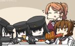  akitsu_maru_(kantai_collection) apron aquila_(kantai_collection) black_eyes black_hair black_hat brown_eyes brown_hair clone closed_eyes commentary_request eating flying_sweatdrops folded_ponytail food fork gloves hair_ornament hairclip ham hamu_koutarou hat highres inazuma_(kantai_collection) jitome kantai_collection knife long_hair multiple_girls neckerchief orange_hair pale_skin pasta peaked_cap ponytail remodel_(kantai_collection) sailor_collar school_uniform serafuku short_hair spaghetti sweat table 