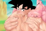  5_fingers 5_toes back_muscles black_hair black_sclera black_toenails blush butt buu cliff disembodied_feet dragon_ball dragon_ball_z embarrassed enemies father father_and_son feet fingernails foot_fetish foot_focus gohan goku grass group hair human humanoid_feet humanoid_hands japanese_text looking_at_partner lying majin male male/male mammal masutaa mountain nude on_front on_top outside parent pink_skin raised_eyebrow red_eyes sky son story story_in_description sucking sweat sweatdrop text toe_suck toes unusual_position watermark 