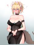  armlet bangs bare_shoulders black_dress blonde_hair blue_eyes blush bowsette bracelet breasts cleavage collar collarbone condom condom_in_mouth covered_nipples cowboy_shot crown dress ear_blush earrings eyebrows_visible_through_hair full-face_blush hair_between_eyes hands_together heart heart-shaped_pupils highres horns jewelry large_breasts long_hair looking_at_viewer mario_(series) mouth_hold nail_polish new_super_mario_bros._u_deluxe pointy_ears ponytail ratatatat74 side_slit solo spiked_bracelet spiked_collar spiked_shell spiked_tail spikes strapless strapless_dress super_crown symbol-shaped_pupils tail turtle_shell 