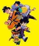  :d age_progression amputee bitz777 black_eyes black_hair cape chinese_clothes clenched_hand dragon_ball dragon_ball_(object) dragon_ball_z earrings fighting_stance fingernails full_body hat jewelry looking_at_viewer male_focus multiple_boys multiple_persona open_mouth outstretched_hand profile scar serious short_hair shy simple_background sleeveless smile son_gohan spiked_hair standing super_saiyan tail walking wristband yellow_background 