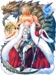  armor ayachi_pbw blonde_hair brown_eyes crown dragon eastern_dragon full_body fur_trim greaves holding holding_staff invisible_chair kerberos_blade looking_at_viewer magic_circle official_art red_robe short_twintails sidelocks sitting staff twintails white_legwear wide_sleeves 