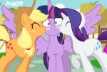  2018 applejack_(mlp) blush cowboy_hat cutie_mark earth_pony equine female feral friendship_is_magic group hair hat horn horse kissing mammal multicolored_hair my_little_pony outside pony rarity_(mlp) sky spread_wings succubi_samus text twilight_sparkle_(mlp) unicorn winged_unicorn wings 