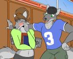  2016 anthro blush book canine chloe_shiwulf clothed clothing crop_top duo female fur grey_fur hair hat locker male mammal midriff navel open_mouth pants ponytail roger_(zp92) shirt tongue wolf zp92 