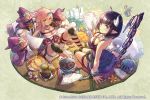  arm_support bare_shoulders black_hair bracelet breasts brown_eyes cleavage collar cup dress eating food from_above fruit grey_background hat helmet holding holding_paper holding_staff horn horns jewelry knee_pads knees_up large_breasts looking_at_viewer lord_of_vermilion_arena maeya_susumu multiple_girls official_art pancake paper papers pink_hair plate pointy_ears purple_dress purple_robe ribbon robe short_hair sidelocks sitting spiked_bracelet spikes staff taiyaki tea teapot wagashi wand watermark witch_hat yokozuwari 