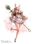  absurdres ahoge animal_ears arm_up blonde_hair blue_eyes braid bunny_ears copyright_name dospi dress elin_(tera) flower full_body gloves hair_bun highres leg_up legs lips long_hair official_art open_mouth shoes short_dress simple_background smile solo staff tera_online thighs weapon white_dress white_gloves 