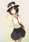  adapted_costume armpits black_skirt blush book bow brown_hair closed_mouth collared_shirt cowboy_shot fedora fumei_(mugendai) grey_background hair_bow hand_up hat hat_bow head_tilt holding holding_book looking_at_viewer medium_skirt miniskirt necktie red_neckwear shirt short_hair simple_background skirt sleeveless sleeveless_shirt smile solo touhou usami_renko white_bow white_shirt wing_collar yellow_eyes 