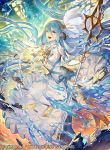  anklet aqua_(fire_emblem_if) barefoot blue_hair blue_ribbon breasts commentary_request debris dress elbow_gloves energy fingerless_gloves fire_emblem fire_emblem_cipher fire_emblem_if gloves holding holding_spear holding_weapon jewelry lantern long_hair looking_at_viewer medium_breasts music official_art parted_lips pendant polearm ribbon ruins singing single_legging smile solo spear strapless strapless_dress thighlet umiu_geso veil very_long_hair water weapon white_dress yellow_eyes 