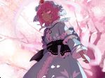  armband cherry_blossoms closed_mouth floral_print frills hat hitodama joniko1110 long_sleeves looking_up mob_cap no_pupils pink pink_eyes pink_hair saigyouji_yuyuko short_hair solo touhou tree triangular_headpiece wide_sleeves 