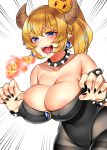  absurdres areola_slip areolae armlet bangs bare_arms bare_shoulders black_collar black_legwear black_leotard black_nails blonde_hair blue_earrings blue_eyes blush bowsette bracelet breasts breathing_fire brown_horns buta_tamako claw_pose cleavage collar collarbone commentary_request covered_navel covered_nipples cowboy_shot crown earrings emphasis_lines eyebrows eyebrows_visible_through_hair fingernails fire flame from_side hair_between_eyes hands_up high_ponytail highleg highleg_leotard highres hips horns impossible_clothes impossible_leotard jewelry large_breasts leotard long_fingernails long_hair looking_at_viewer mario_(series) nail_polish new_super_mario_bros._u_deluxe open_mouth pantyhose pointy_ears ponytail sagging_breasts sharp_teeth shiny shiny_skin short_hair short_pointy_ears simple_background smile solo spiked_armlet spiked_bracelet spiked_collar spikes standing strapless strapless_leotard super_crown teeth thick_eyebrows thighband_pantyhose tilted_headwear v-shaped_eyebrows white_background 