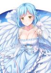  blue_hair blue_skirt blue_sky blush breasts brown_eyes cleavage cloud cloudy_sky collarbone commentary_request day elbow_gloves feathered_wings frilled_gloves frilled_skirt frills gloves hand_up highres large_breasts layered_skirt looking_at_viewer moira_(nijisanji) mole mole_under_eye nijisanji parted_lips pinky_out red_string shirt skirt sky solo strapless string string_around_finger virtual_youtuber white_gloves white_shirt white_wings wings yuuri_nayuta 