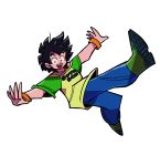  :d bitz777 black_eyes black_hair boots character_name clothes_writing denim dragon_ball dragon_ball_z falling full_body green_shirt jeans male_focus open_mouth outstretched_arms pants raglan_sleeves shirt short_hair simple_background smile son_goten white_background wristband 