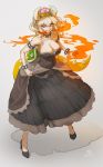  bare_shoulders black_dress blonde_hair blue_eyes bowsette bracelet breasts breathing_fire cleavage collar collarbone crown dress earrings eyebrows_visible_through_hair fingernails fire grin hair_between_eyes hair_flaps high_heels highres horns jewelry large_breasts mario_(series) new_super_mario_bros._u_deluxe shadow sharp_fingernails sharp_teeth shell shiba_itsuki signature skirt_hold smile solo spiked_armlet spiked_bracelet spiked_collar spiked_tail spikes strapless strapless_dress super_crown tail teeth toned twitter_username 