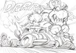  2boys bowser bracelet commentary_request crown dress driving elbow_gloves flat_cap gloves go_kart graphite_(medium) greyscale hair_between_eyes hat highres horns jewelry long_hair mario mario_(series) mario_kart monochrome multiple_boys murata_yuusuke onomatopoeia open_mouth pinky_out ponytail princess_peach puffy_short_sleeves puffy_sleeves sharp_teeth short_sleeves simple_background sketch smile speed_lines spiked_armlet spiked_bracelet spiked_shell spikes super_mario_bros. sweat teeth traditional_media v-shaped_eyebrows white_background 