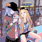  :o abigail_williams_(fate/grand_order) backwards_hat bangs baseball_cap black_hat blonde_hair blue_eyes bow bracelet car commentary contemporary fate/grand_order fate_(series) food forehead ground_vehicle hat hat_bow holding holding_food horn ice_cream ice_cream_spoon jacket jewelry key_necklace kiriyama lavinia_whateley_(fate/grand_order) long_hair long_sleeves looking_at_another motor_vehicle multiple_girls necklace open_mouth orange_bow parted_bangs pink_eyes shirt silver_hair sitting skirt skull_print spoon spread_legs star umbrella wavy_mouth wide-eyed window 