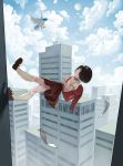  1girl backpack bag bird black_hair building city day female original randoseru short_hair skirt skyscraper socks solo tensen walking 