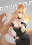  absurdres armlet bare_shoulders black_dress black_nails blonde_hair blue_eyes bowsette bracelet breasts collar commentary crown dress earrings fire hair_between_eyes highres horns jewelry large_breasts long_hair mario_(series) nail_polish new_super_mario_bros._u_deluxe njnywy pointy_ears ponytail sharp_teeth spiked_bracelet spiked_collar spiked_shell spiked_tail spikes strapless strapless_dress super_crown tail teeth title turtle_shell 