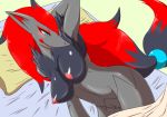  2018 anthro areola arm_over_head bed bedding big_breasts blanket blue_eyes blush breasts eyelashes female fur lying navel nintendo nipples nude on_side open_mouth pok&eacute;mon pok&eacute;mon_(species) seductive smile solo tarian video_games zoroark 