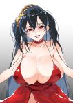  absurdres azur_lane bare_shoulders black_hair breasts choker cleavage cocktail_dress commentary_request cum cum_in_mouth cum_on_body cum_on_breasts cum_on_tongue cum_on_upper_body dress gradient gradient_background grey_background heart heart-shaped_pupils highres huge_breasts kobo_(cobo_0609) long_hair looking_at_viewer open_mouth red_choker red_dress red_eyes smile solo symbol-shaped_pupils taihou_(azur_lane) very_long_hair 