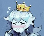  &gt;_&lt; blue_background blue_hair blush boo closed_eyes closed_mouth crown facing_viewer flying_sweatdrops hand_up idk-kun index_finger_raised long_hair luigi's_mansion mario_(series) new_super_mario_bros._u_deluxe pale_skin portrait princess_king_boo solo super_crown wavy_mouth 