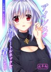  blush breasts cleavage cleavage_cutout commentary_request cross endori huge_breasts jewelry long_hair looking_at_viewer lyrical_nanoha mahou_shoujo_lyrical_nanoha mahou_shoujo_lyrical_nanoha_a's meme_attire necklace open-chest_sweater open_mouth red_eyes reinforce ribbed_sweater silver_hair solo sweater translation_request turtleneck 